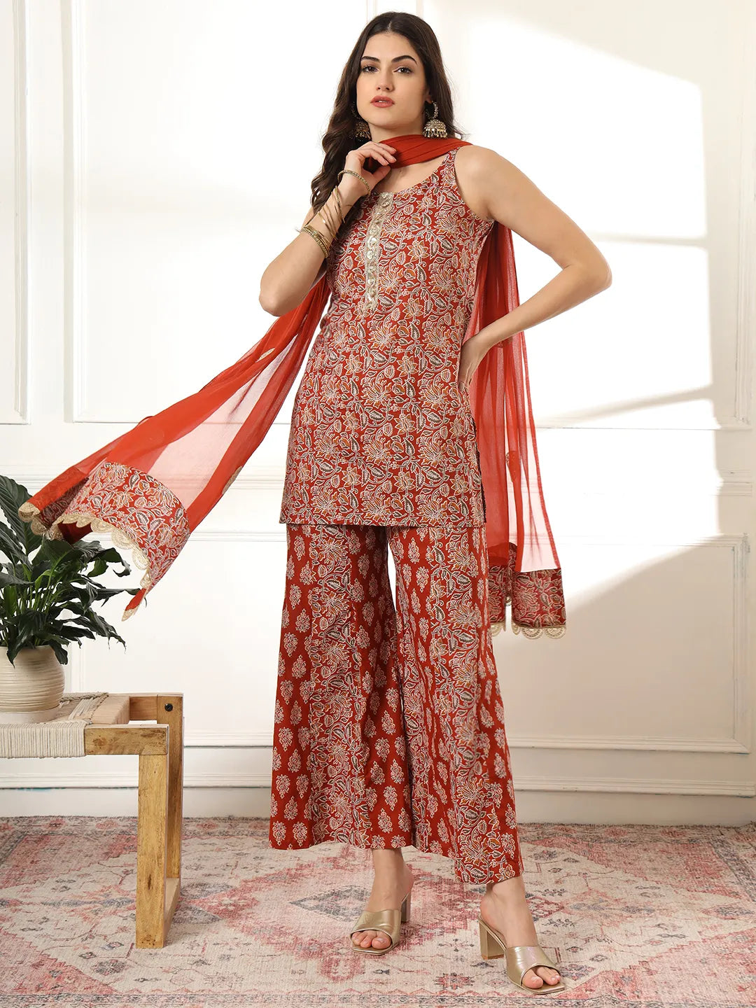 Yufta Cotton Rust Kurta Sharara Set