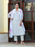 Vaasva Women's Grey Pink Linen Suit Set With Cutwork Dupatta