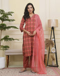 Vaasva Women Maroon Cotton Kurta With Cotton Pant & Dupatta