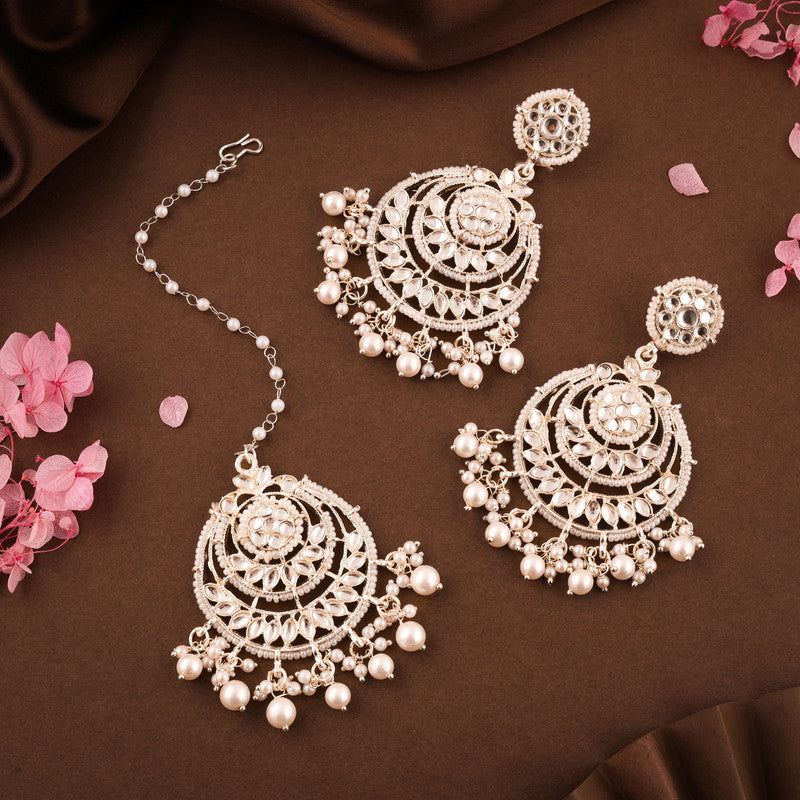 Tehzeeb Creations Gold-Polished Traditional Chandbali Drop Kundan & Pearl Earring With Tikka For Women