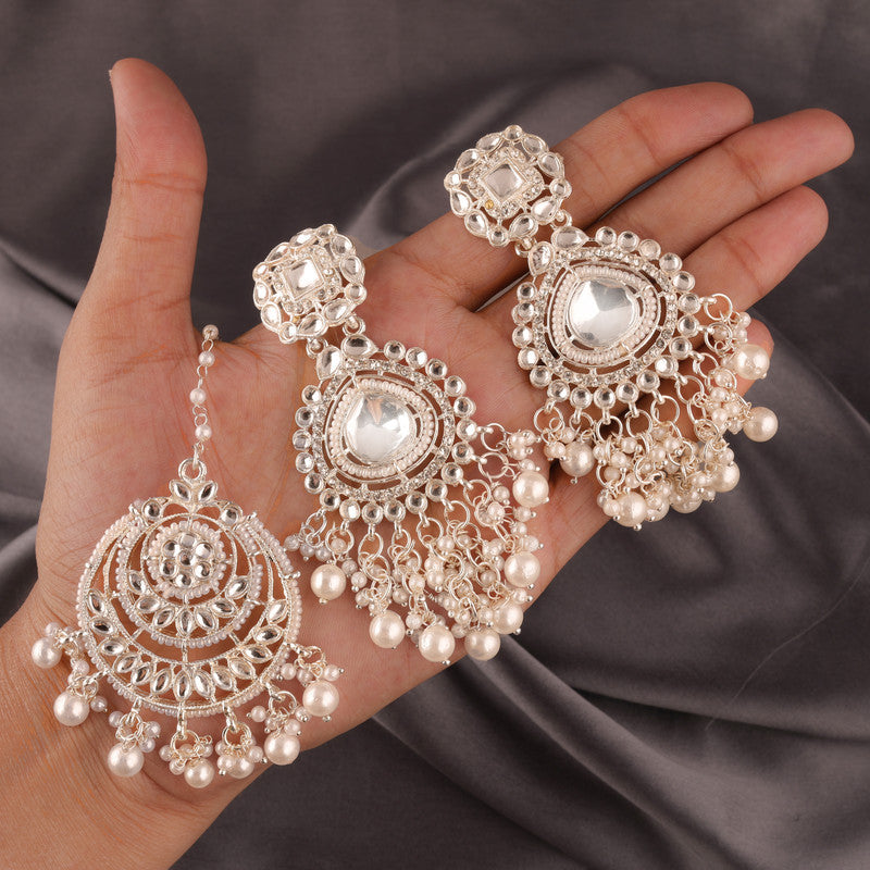 Tehzeeb Creations White Gold Trending Style Drop & Danglers Earring With Tikka For Girls & Women Diamond, Pearl Brass Drops
