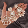 Tehzeeb Creations White Gold Trending Style Drop & Danglers Earring With Tikka For Girls & Women Diamond, Pearl Brass Drops