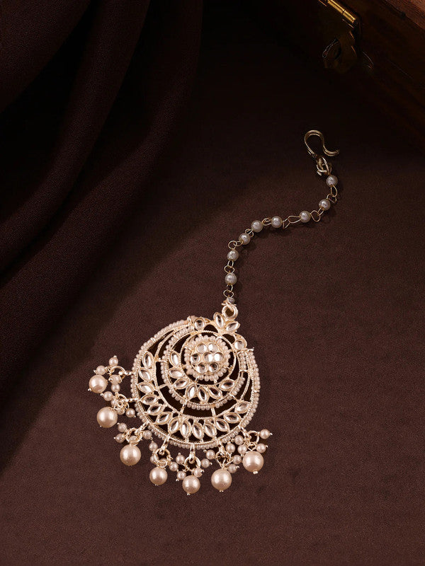 Tehzeeb Creations White Gold Trending Style Drop & Danglers Earring With Tikka For Girls & Women Diamond, Pearl Brass Drops