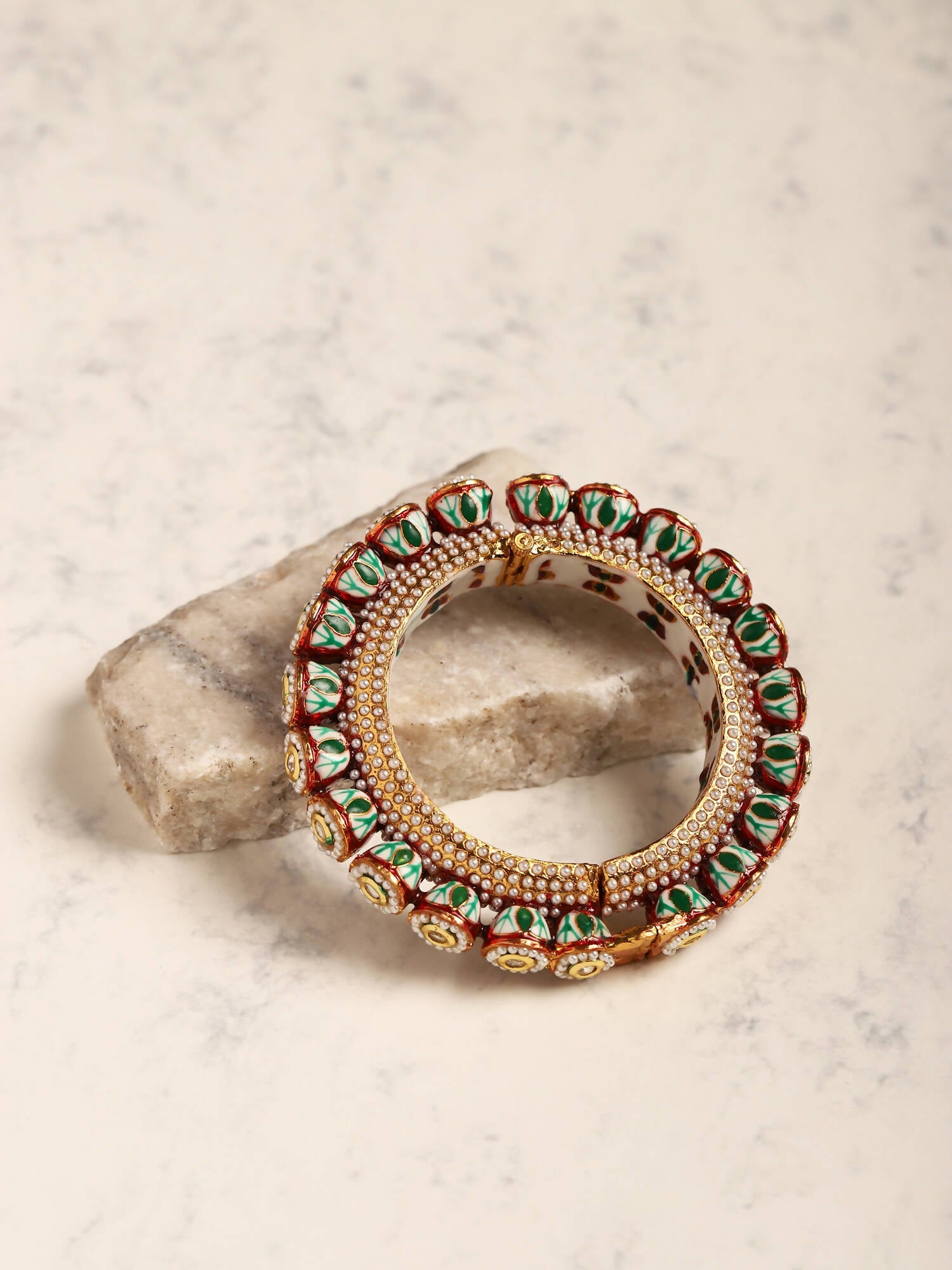 Gold-Polished Green Kundan-Studded Bangle - Ruby Raang