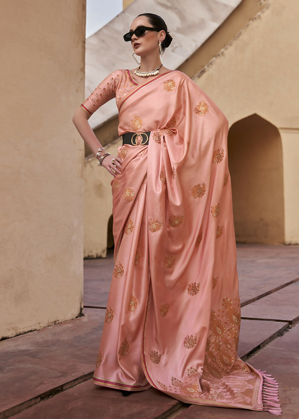 Coral Pink Pure Satin Zari Weaving Wedding Festive Saree - Emponline
