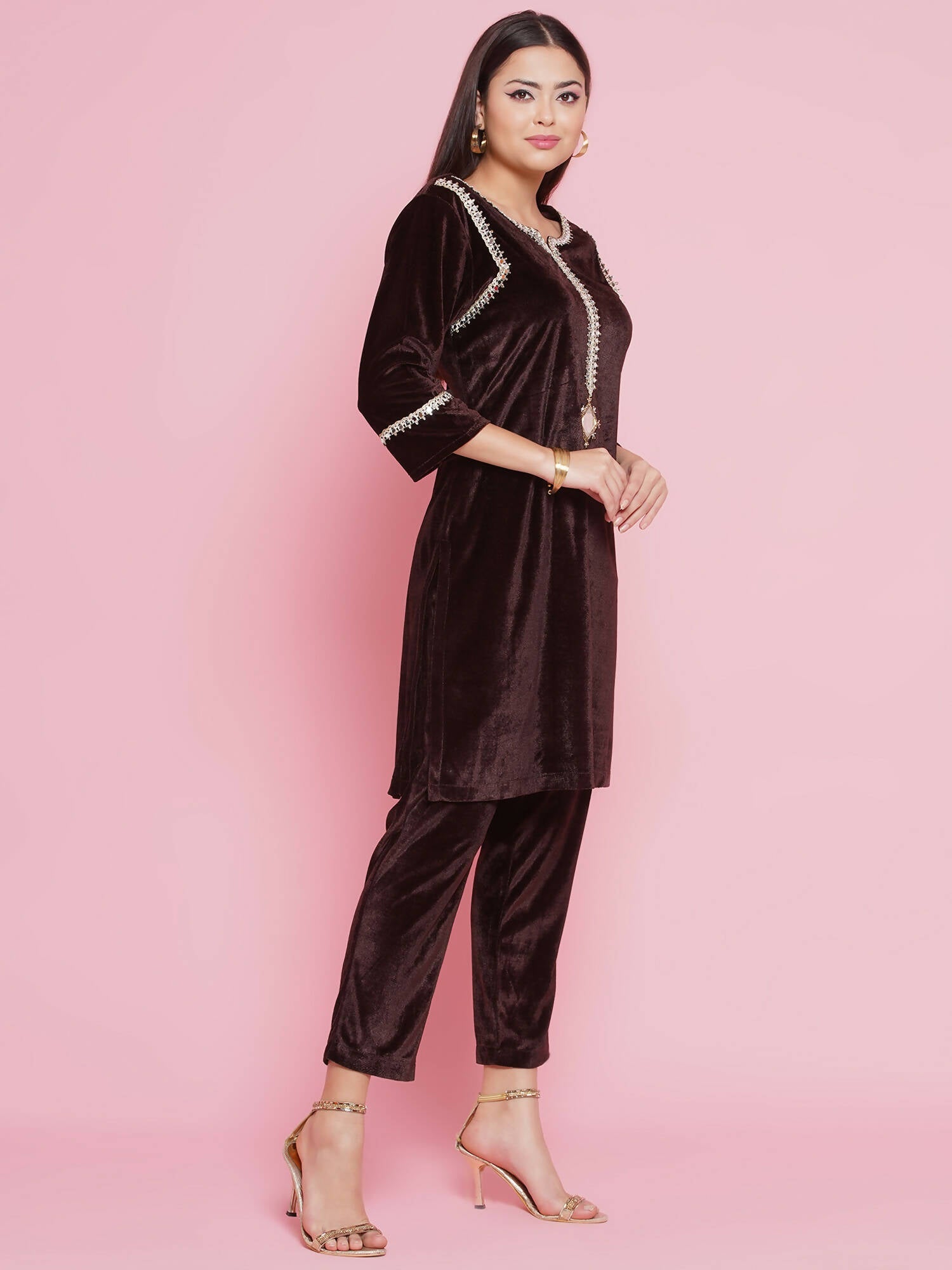 Women Republic Brown Velvet Embellished Co-Ord Set