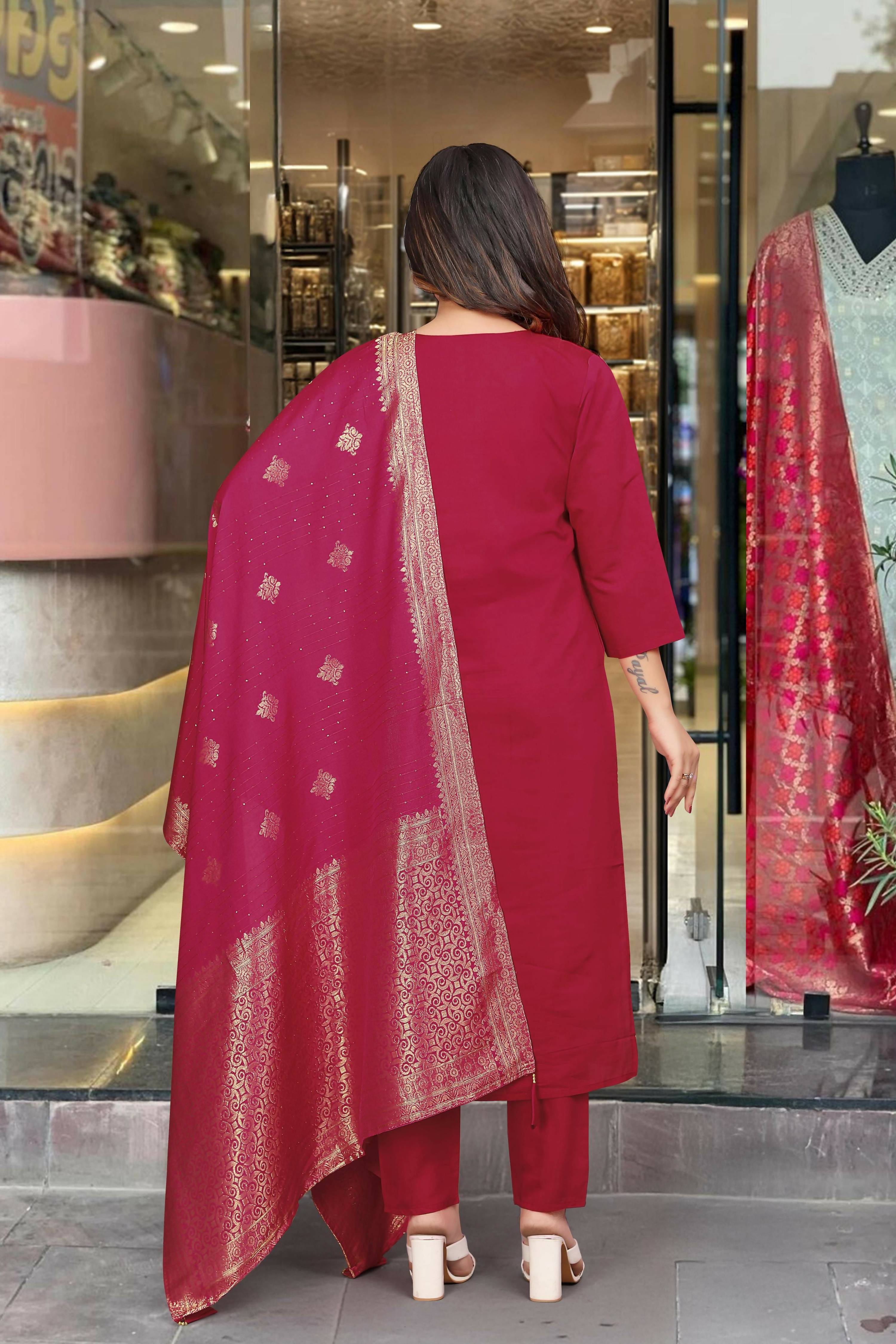 The52 Maroon Beautiful Embroidered Viscose Chanderi Fabric Straight Kurta Pant with Dupatta Set