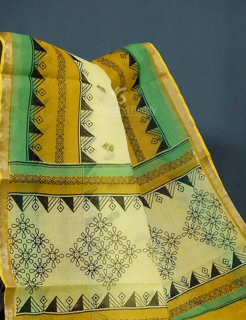Lime Yellow Colour Block Print Pure Kota Cotton Saree By Gayathri Reddy Designer Studio