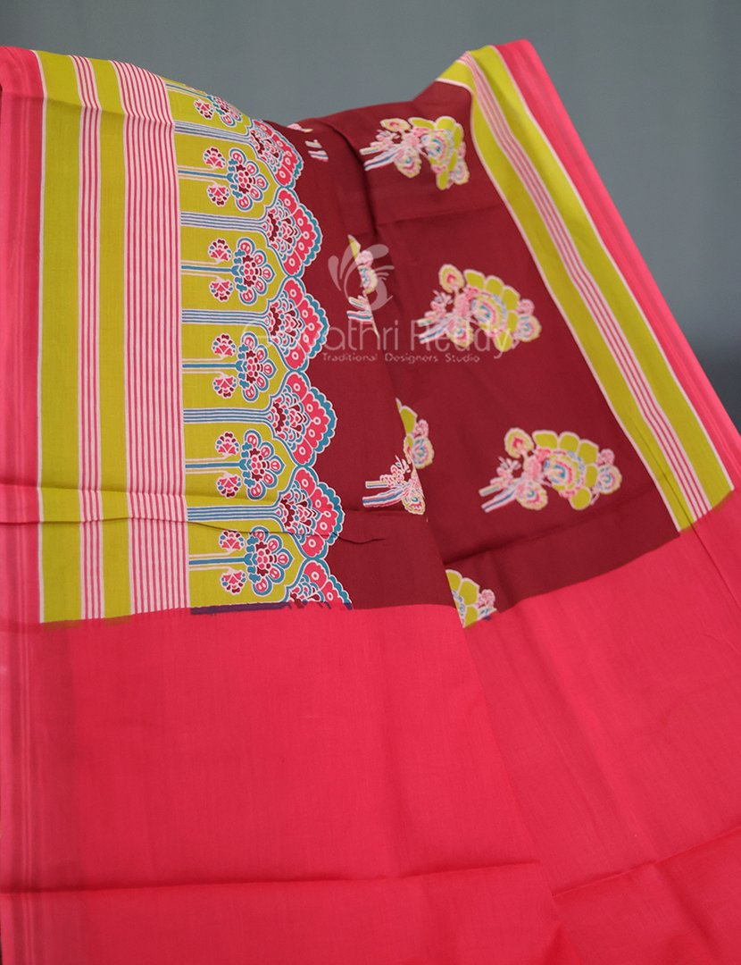 Block Print Maroon Coloured Mulmul Cotton Saree By Gayathri Reddy Designer Studio