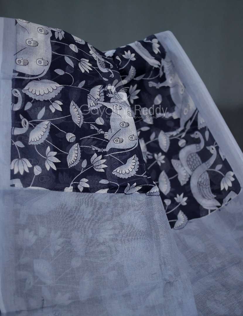 Shades of Dark Navy Blue And Grey With Pichwai Print Munga Cotton Saree By Gayathri Reddy Designer Studio