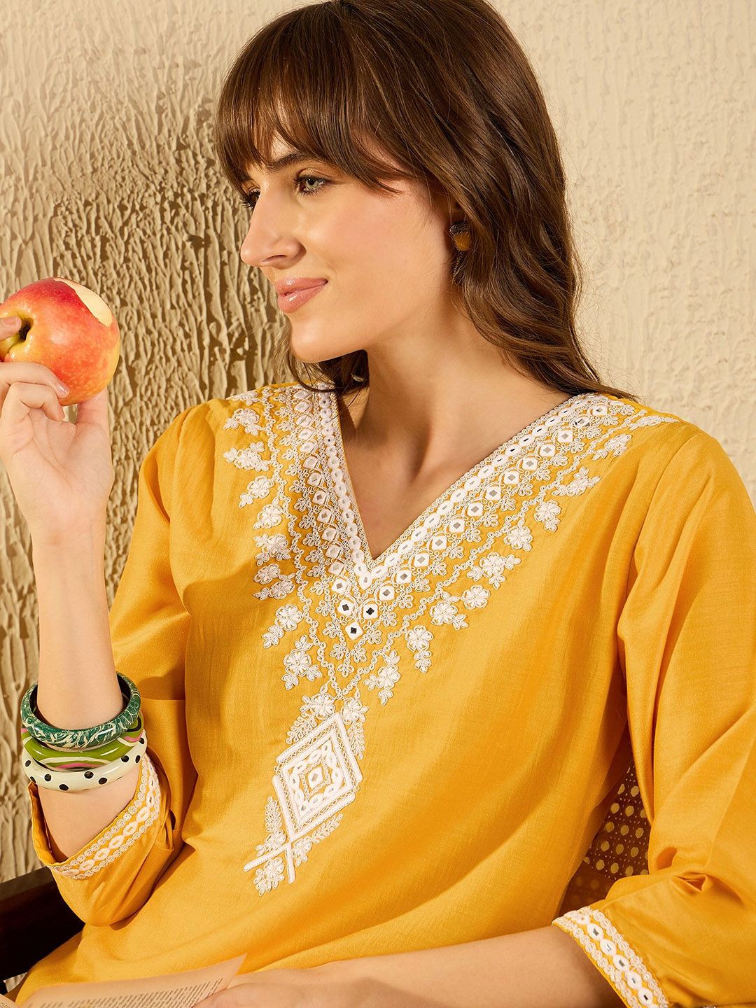 Indo Era Floral Yoke Design V-Neck Straight Kurta With Trousers & Dupatta