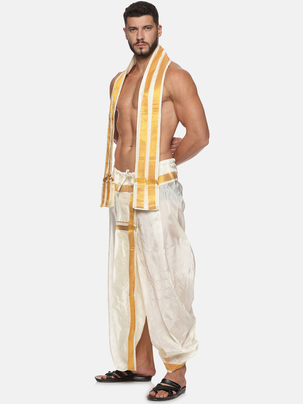 Sethukrishna Men Cream and Gold-Toned Solid Dhoti With Angavastram