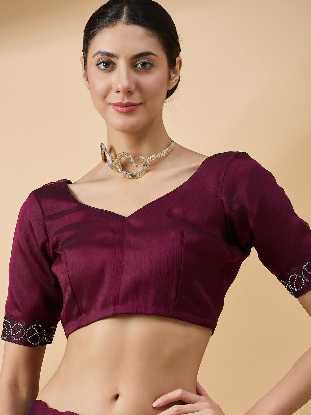 Purple Organza Swaroski Diamond Work Saree with Unstitched Blouse - Radha