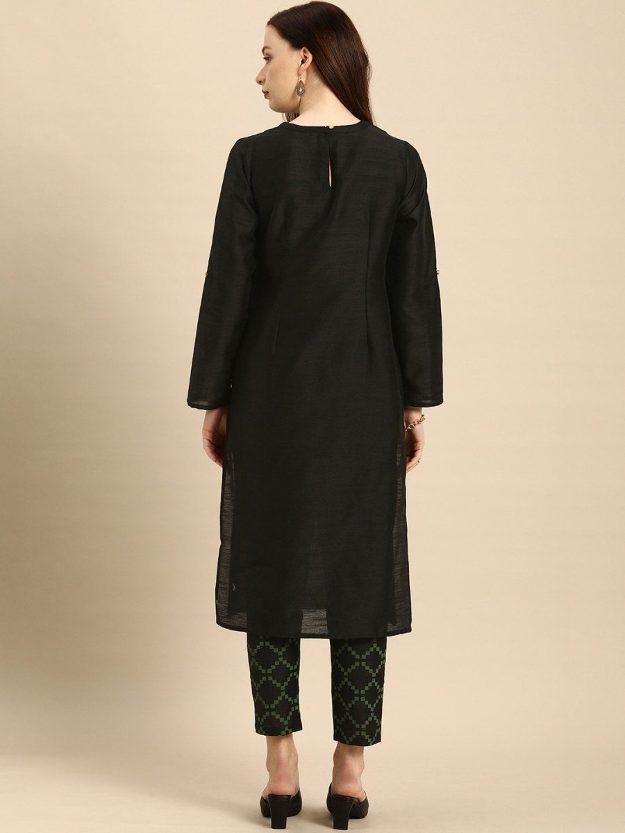 All About You Women Black & Green Embroidered Kurta with Trousers
