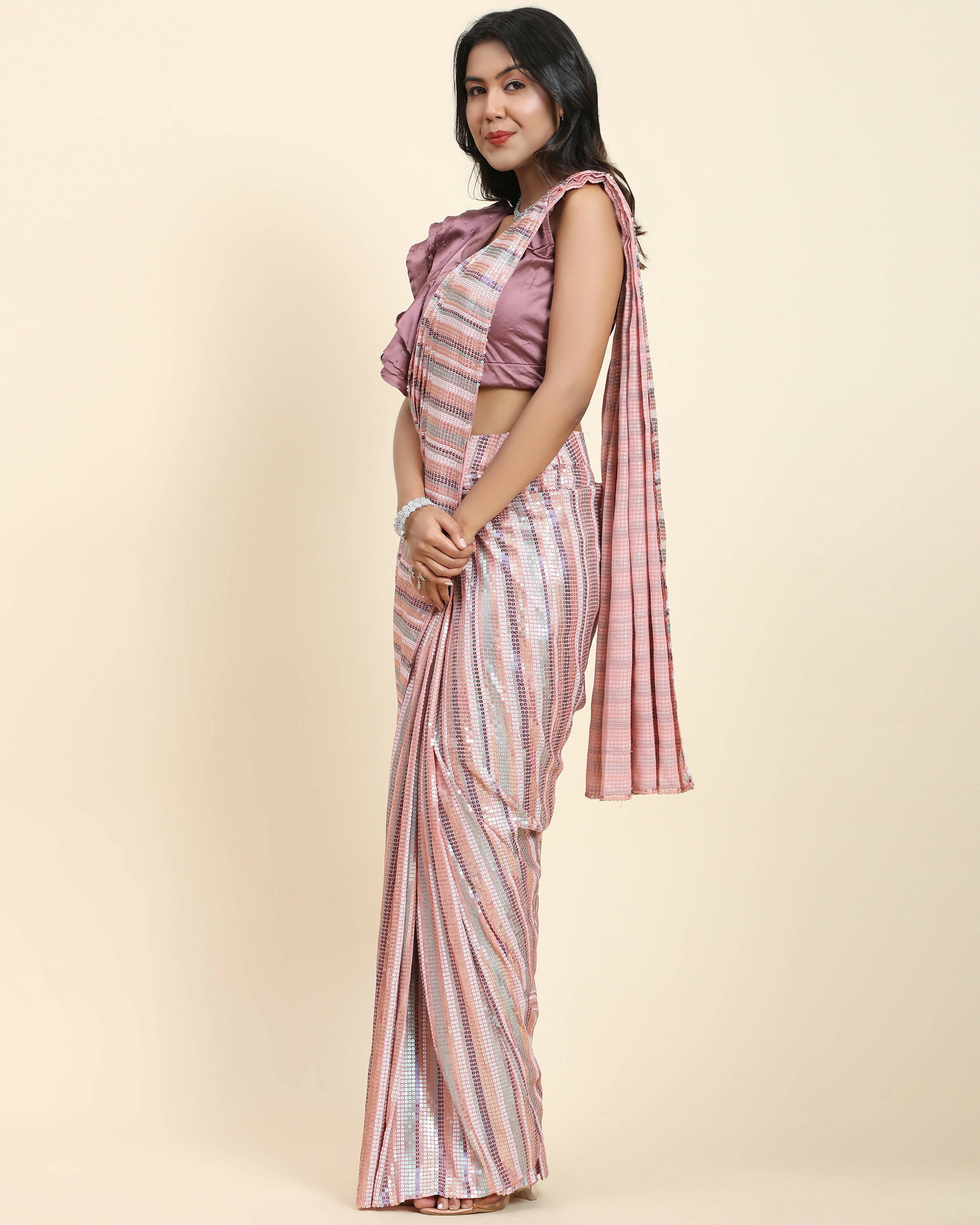 Pink Pure Georgette Sequence work Ready to wear Saree with stitched Blouse - Satiksha