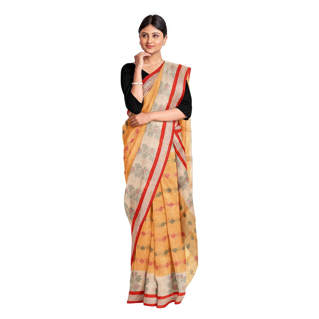 Exclusive Collection 100% Pure Cotton Yellow Tant Saree With Hand Weaving Work