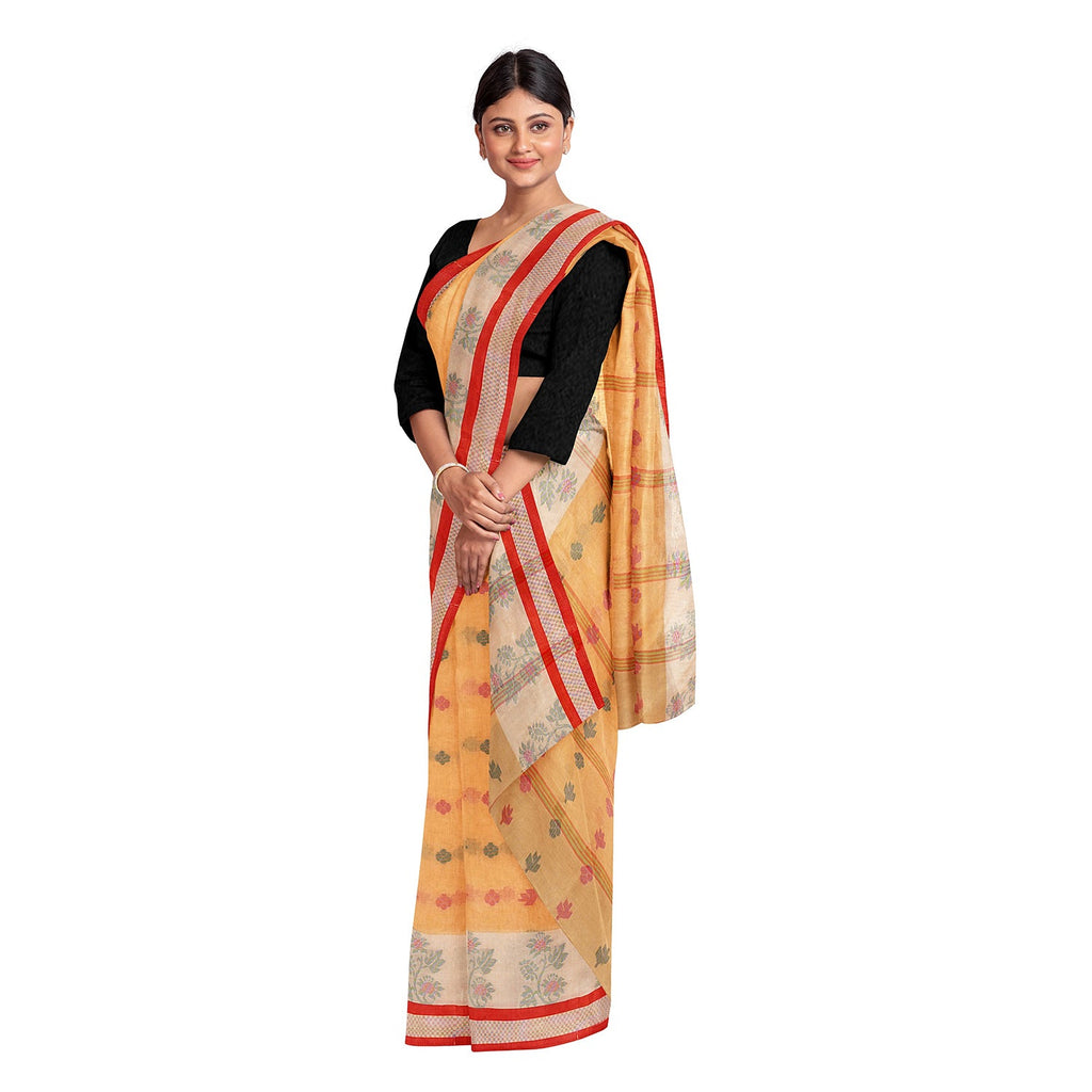 Exclusive Collection 100% Pure Cotton Yellow Tant Saree With Hand Weaving Work