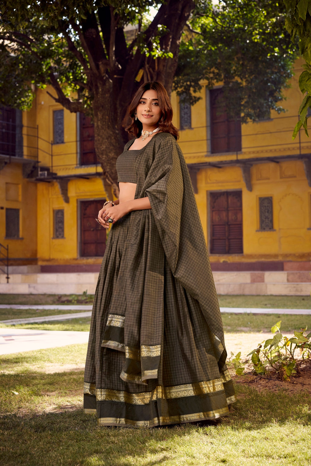 Lorenvalley Fashion Grey Chettinad Cotton Chex with Zari Weaving Work Lehenga Choli with Dupatta