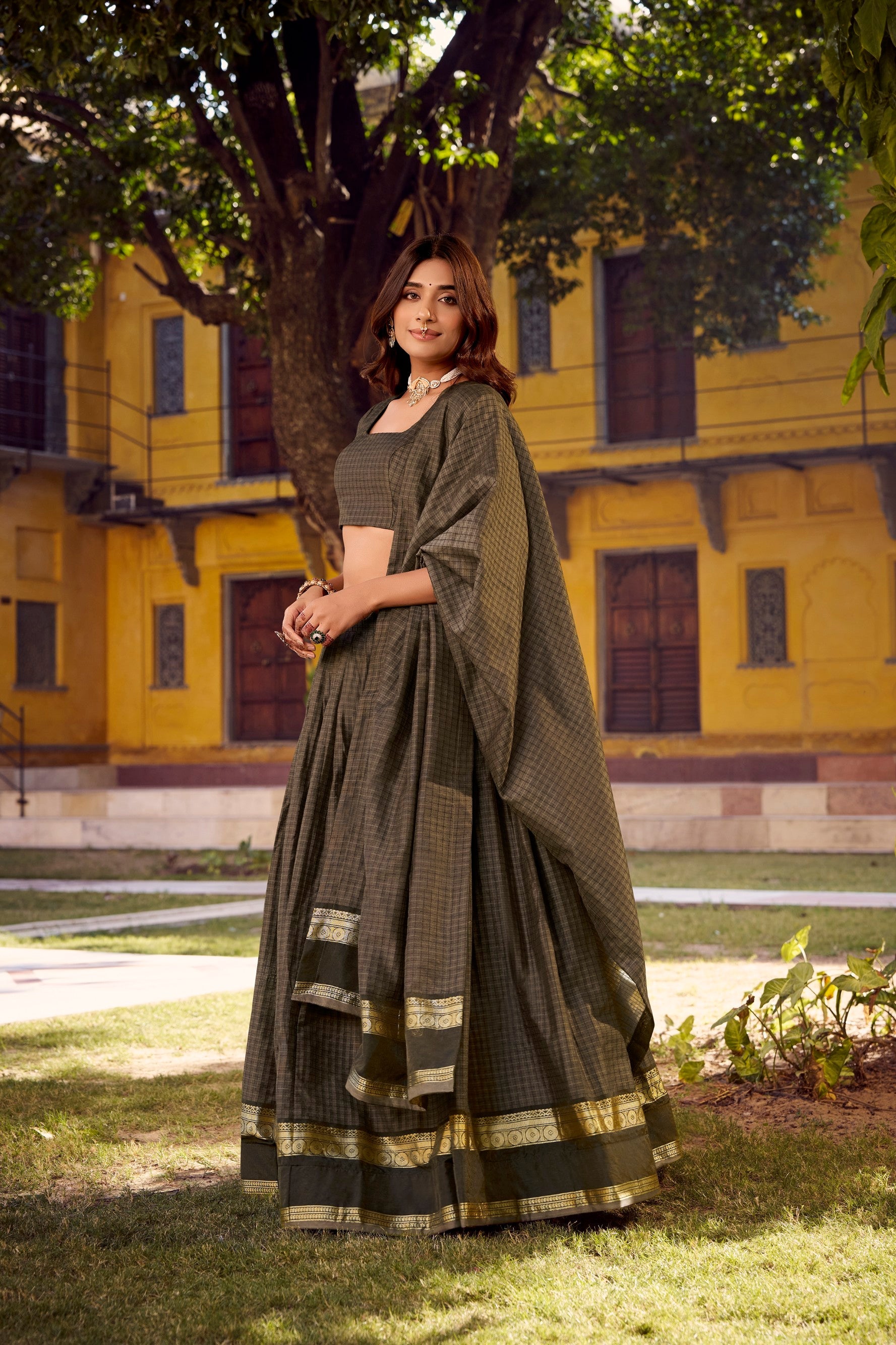 Lorenvalley Fashion Grey Chettinad Cotton Chex with Zari Weaving Work Lehenga Choli with Dupatta