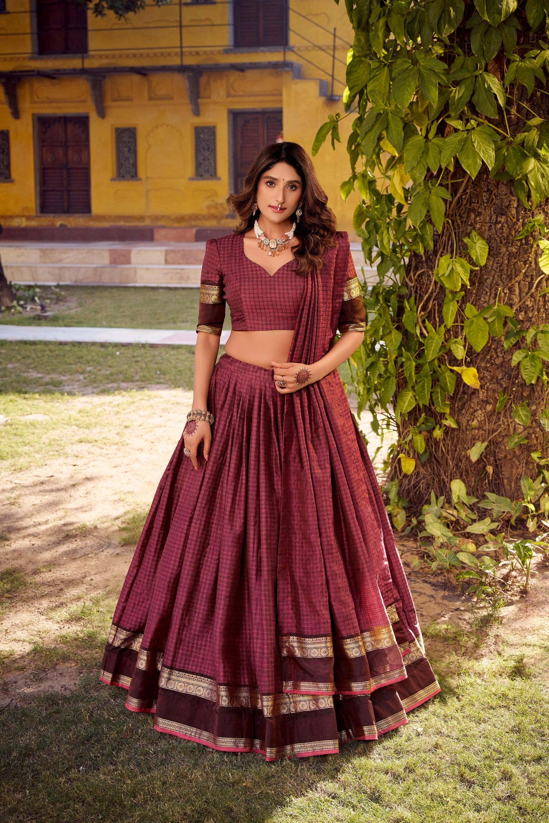 Lorenvalley Fashion Rust Chettinad Cotton Chex with Zari Weaving Work Lehenga Choli with Dupatta