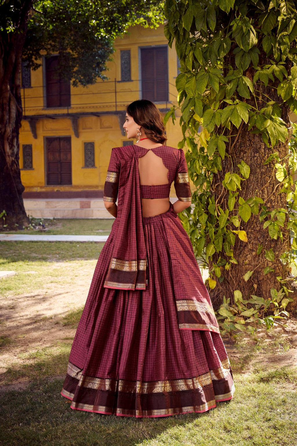 Lorenvalley Fashion Rust Chettinad Cotton Chex with Zari Weaving Work Lehenga Choli with Dupatta