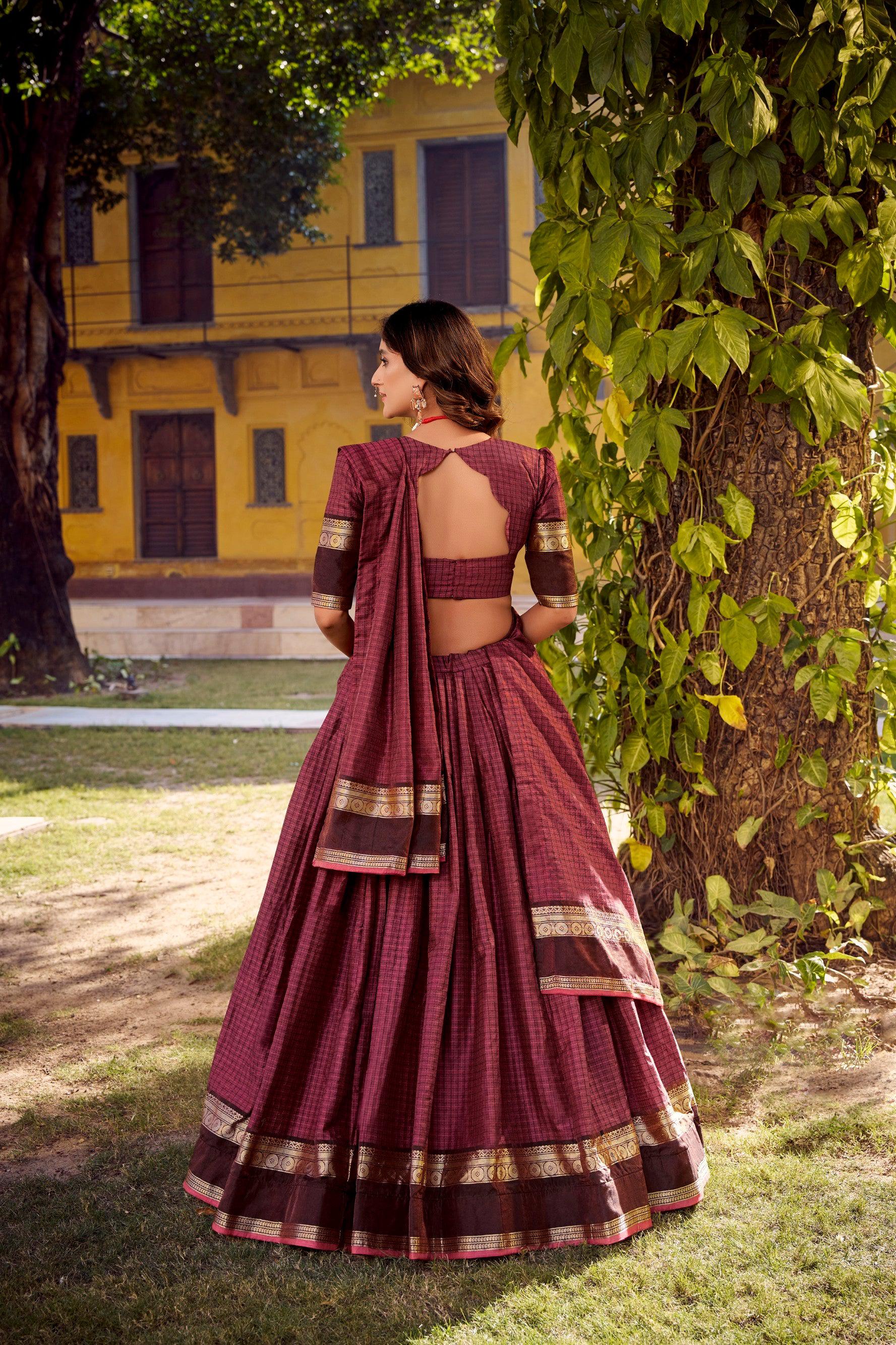 Lorenvalley Fashion Rust Chettinad Cotton Chex with Zari Weaving Work Lehenga Choli with Dupatta