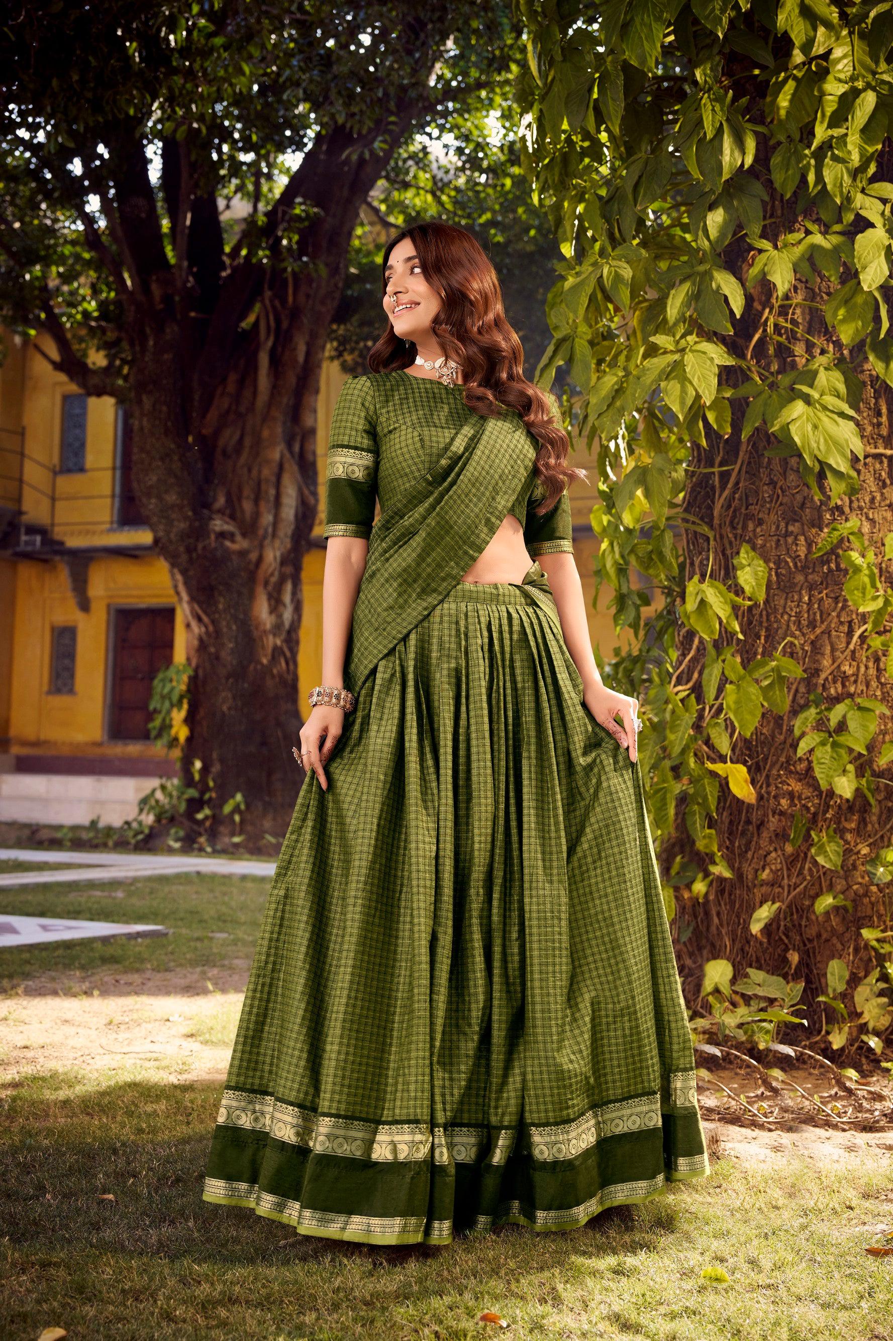 Lorenvalley Fashion Mehendi Chettinad Cotton Chex with Zari Weaving Work Lehenga Choli with Dupatta