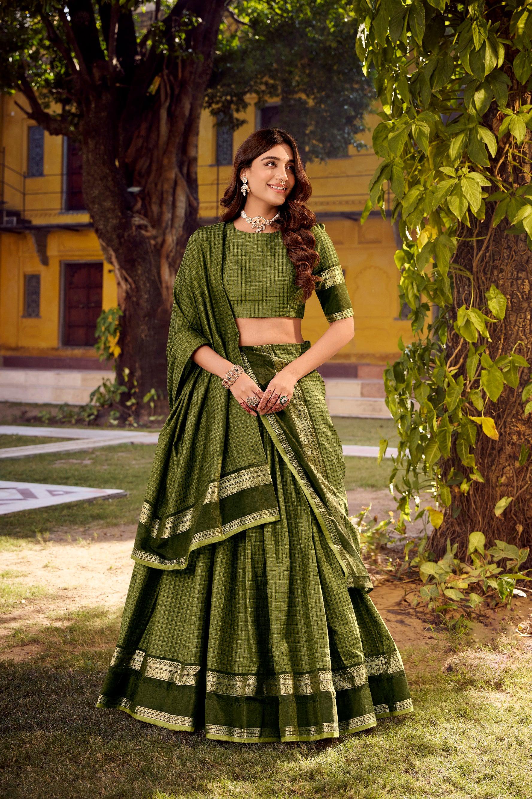 Lorenvalley Fashion Mehendi Chettinad Cotton Chex with Zari Weaving Work Lehenga Choli with Dupatta