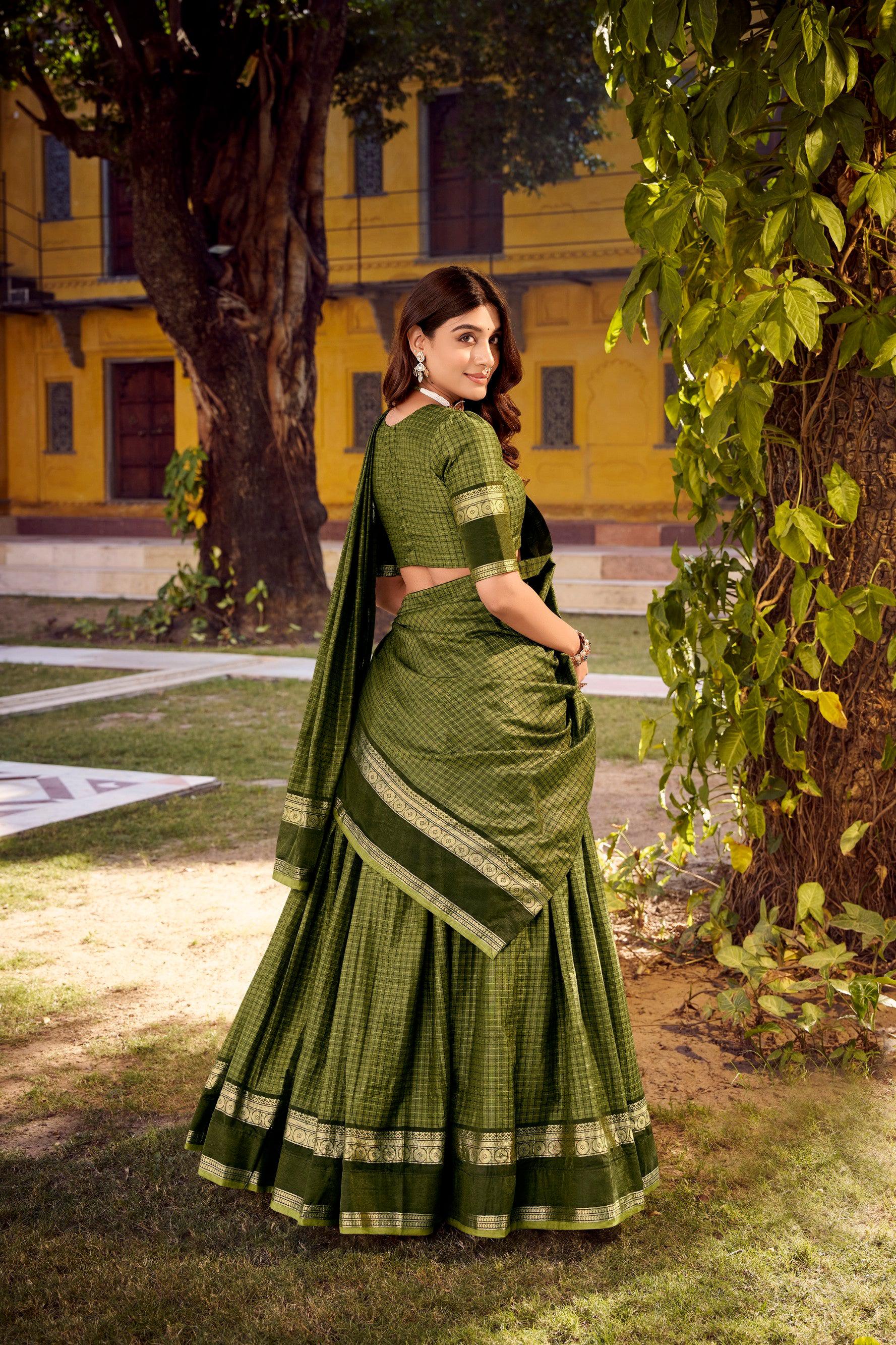 Lorenvalley Fashion Mehendi Chettinad Cotton Chex with Zari Weaving Work Lehenga Choli with Dupatta