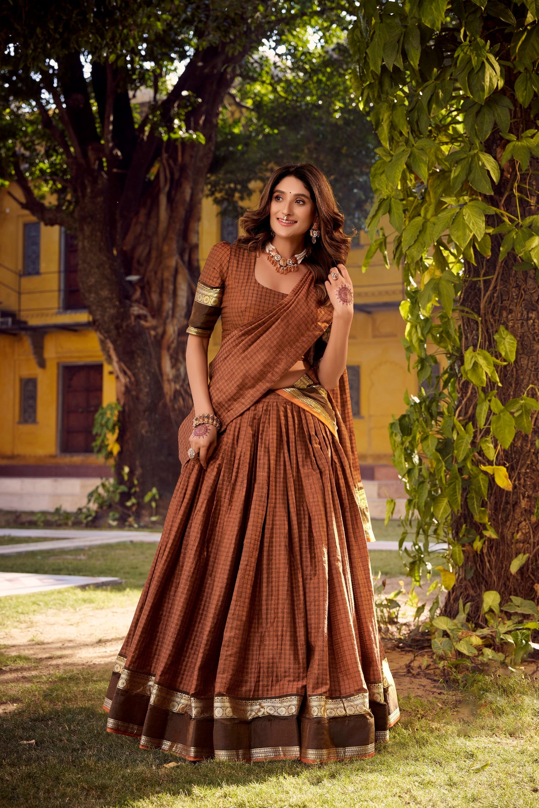 Lorenvalley Fashion Brown Chettinad Cotton Chex with Zari Weaving Work Lehenga Choli with Dupatta