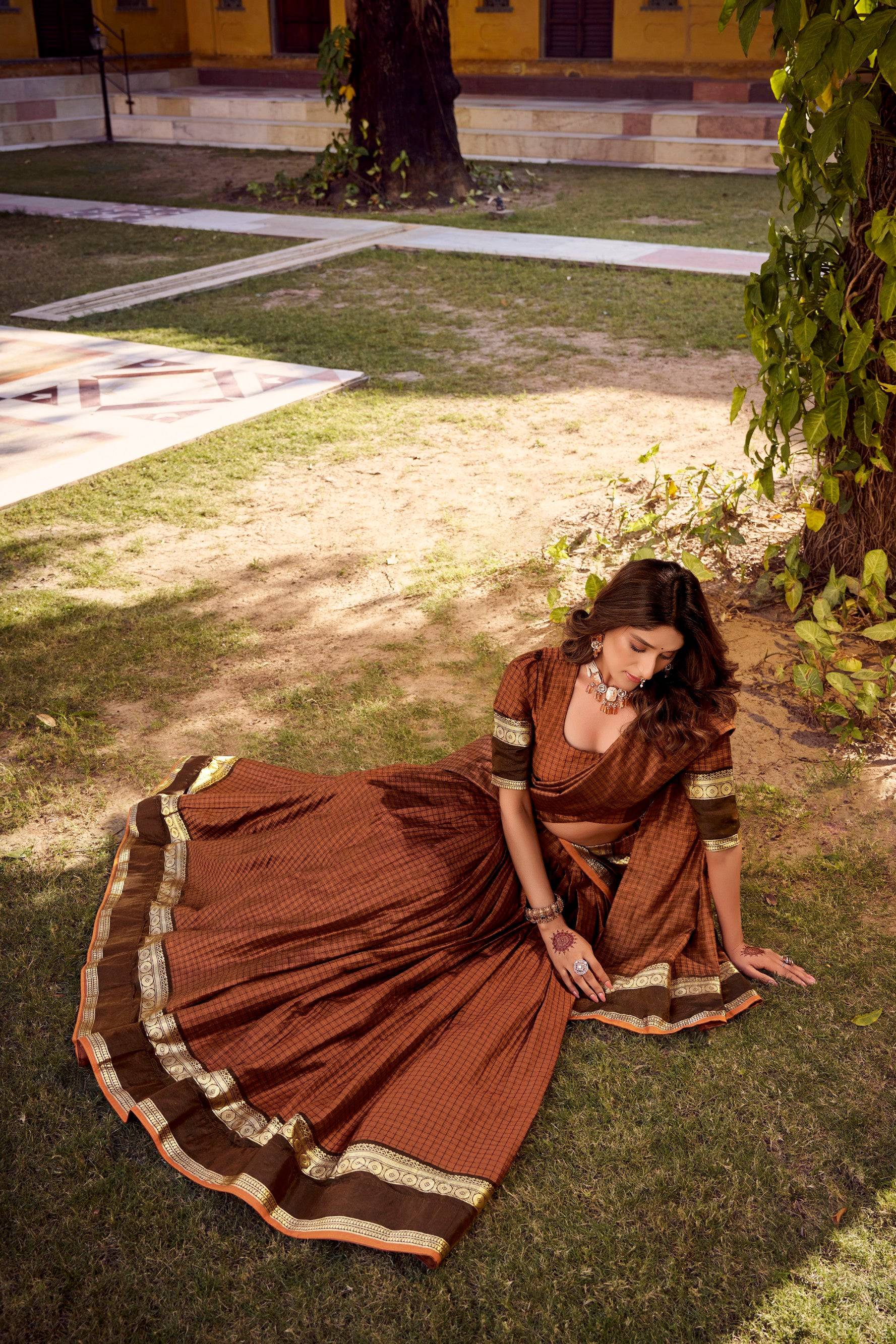 Lorenvalley Fashion Brown Chettinad Cotton Chex with Zari Weaving Work Lehenga Choli with Dupatta