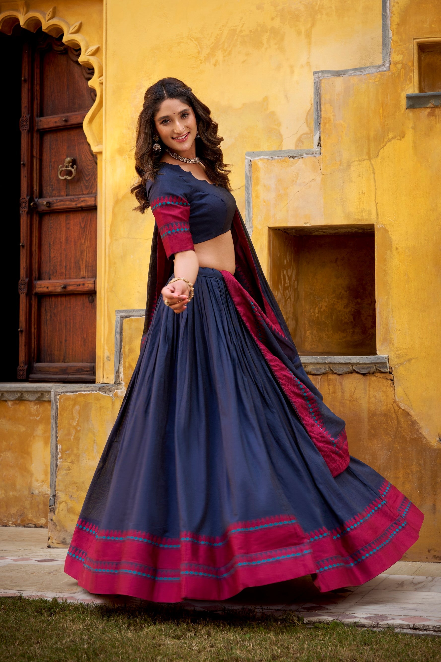 Lorenvalley Fashion Navy Blue Pure Chanderi Thread Work Lehenga Choli with Dupatta
