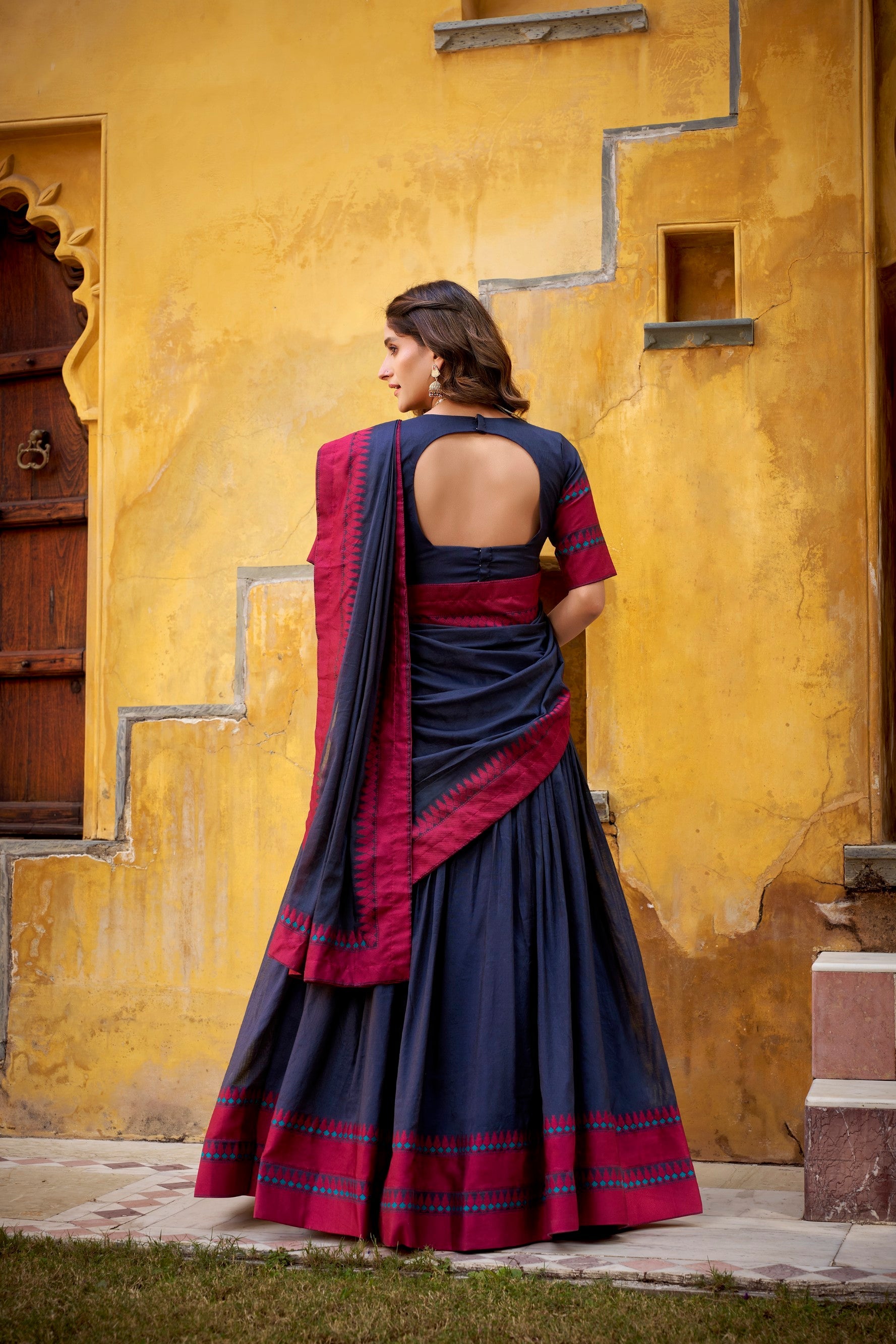 Lorenvalley Fashion Navy Blue Pure Chanderi Thread Work Lehenga Choli with Dupatta