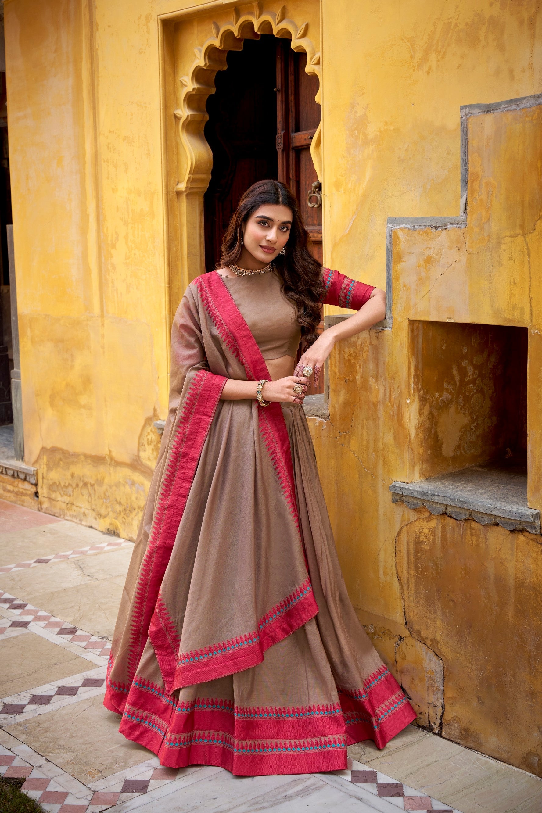 Lorenvalley Fashion Chiku Pure Chanderi Thread Work Lehenga Choli with Dupatta