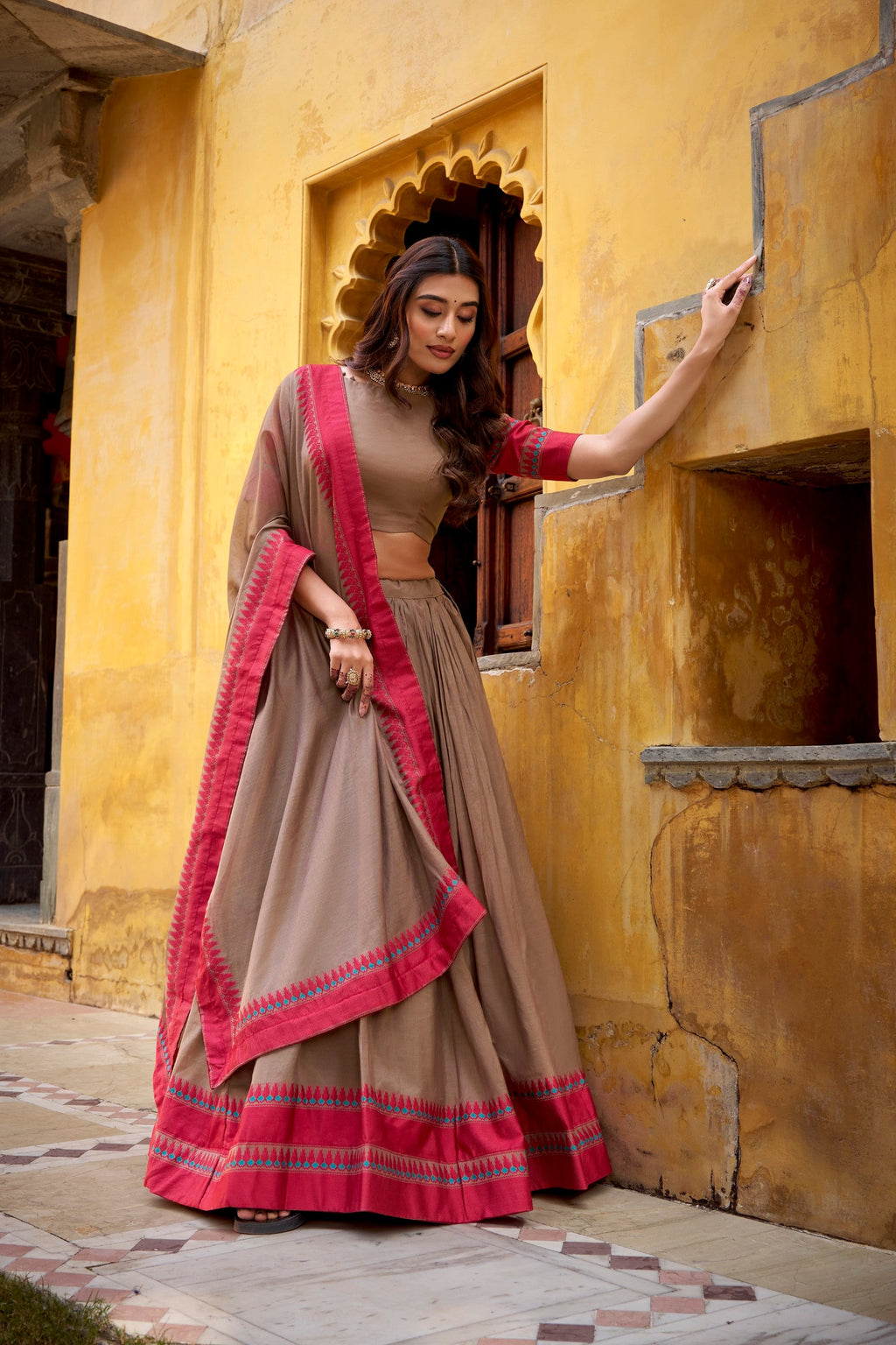 Lorenvalley Fashion Chiku Pure Chanderi Thread Work Lehenga Choli with Dupatta