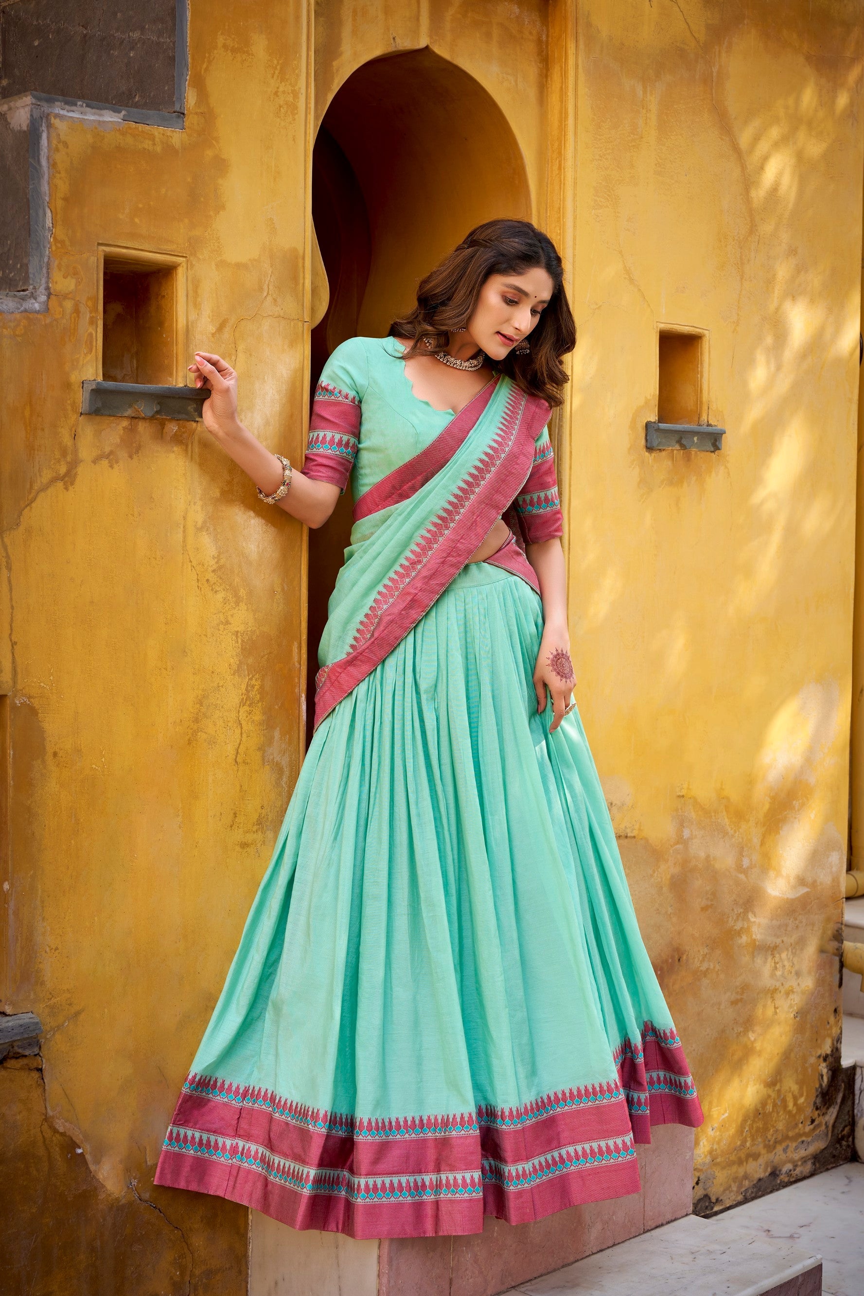 Lorenvalley Fashion Skyblue Pure Chanderi Thread Work Lehenga Choli with Dupatta