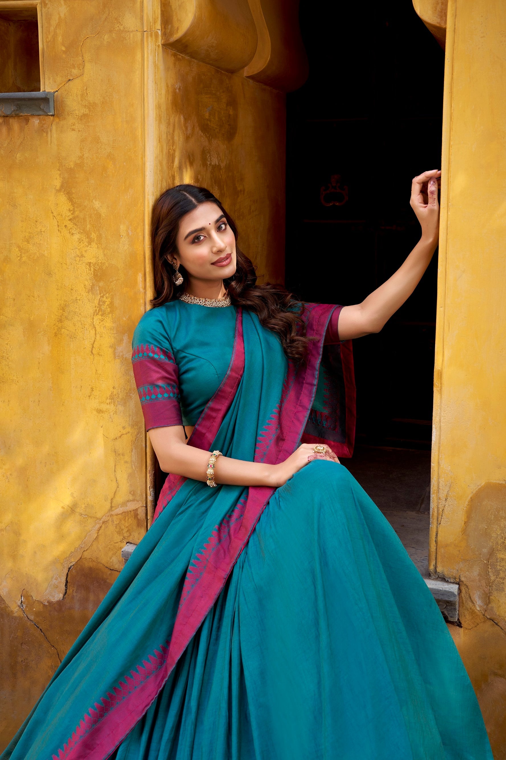 Lorenvalley Fashion Teal Pure Chanderi Thread Work Lehenga Choli with Dupatta