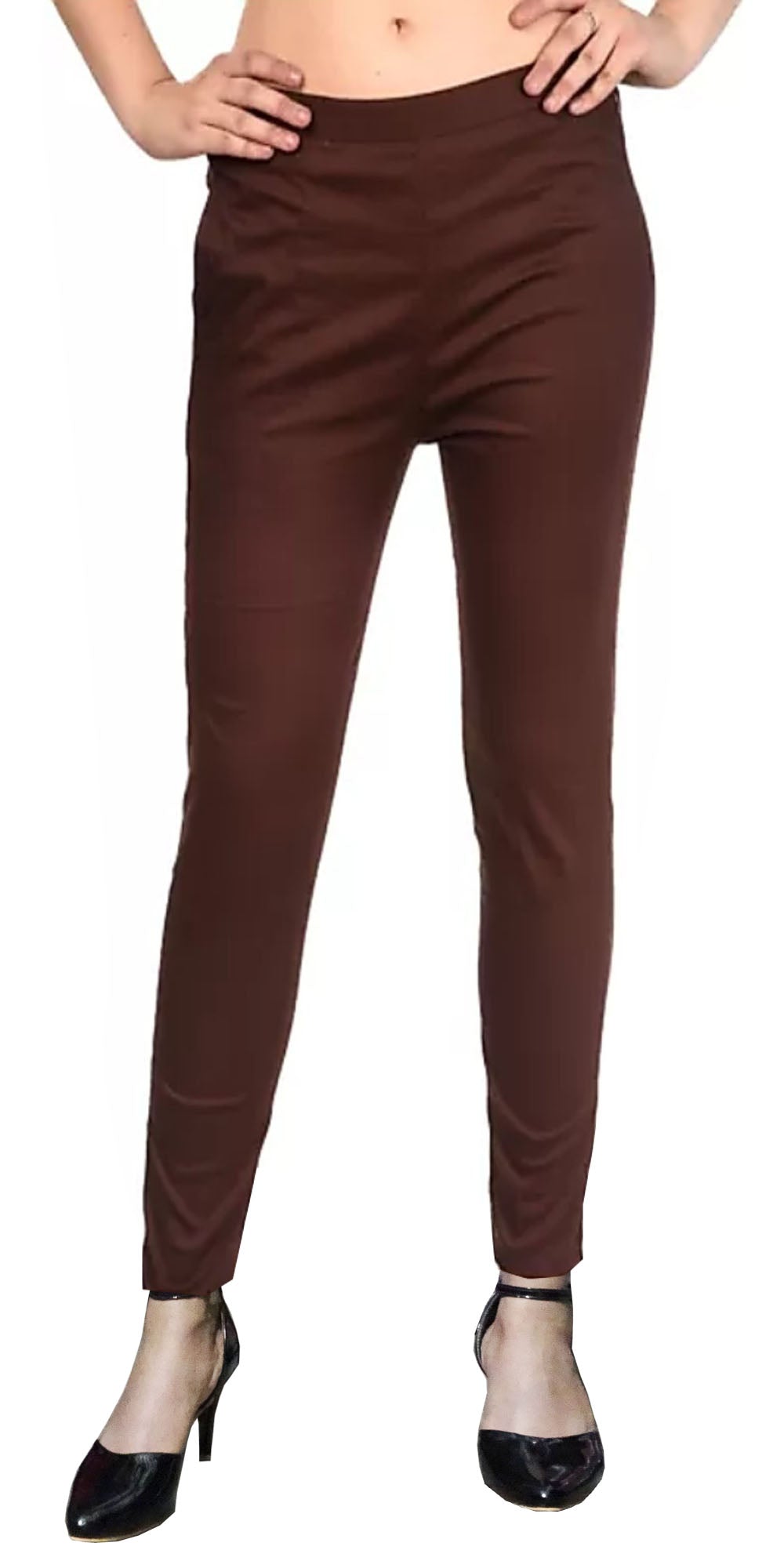 PAVONINE Coffee Color Stretchable Cotton Lycra Fabric Pencil Pant For Women