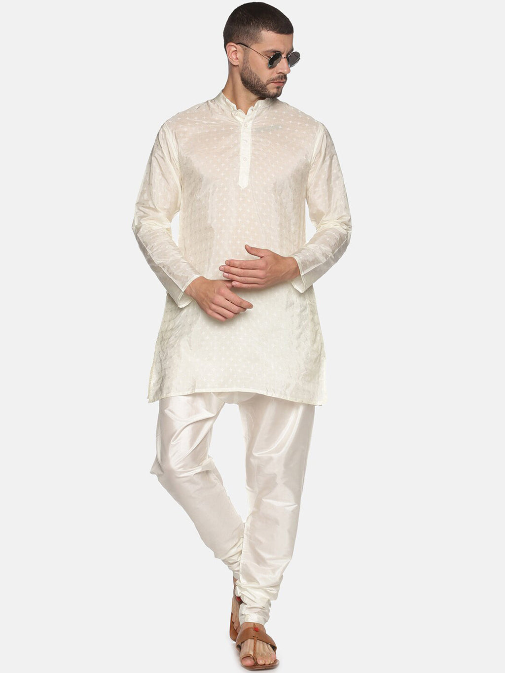 Sethukrishna Men Cream-Coloured Woven Design Kurta with Churidar