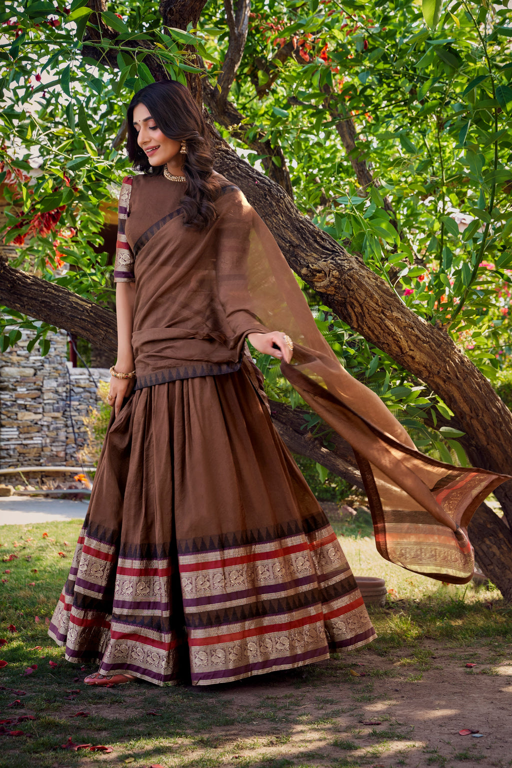 Lorenvalley Brown Pure Chanderi Plain With Zari Weaving Work Border Lehenga Choli with Dupatta