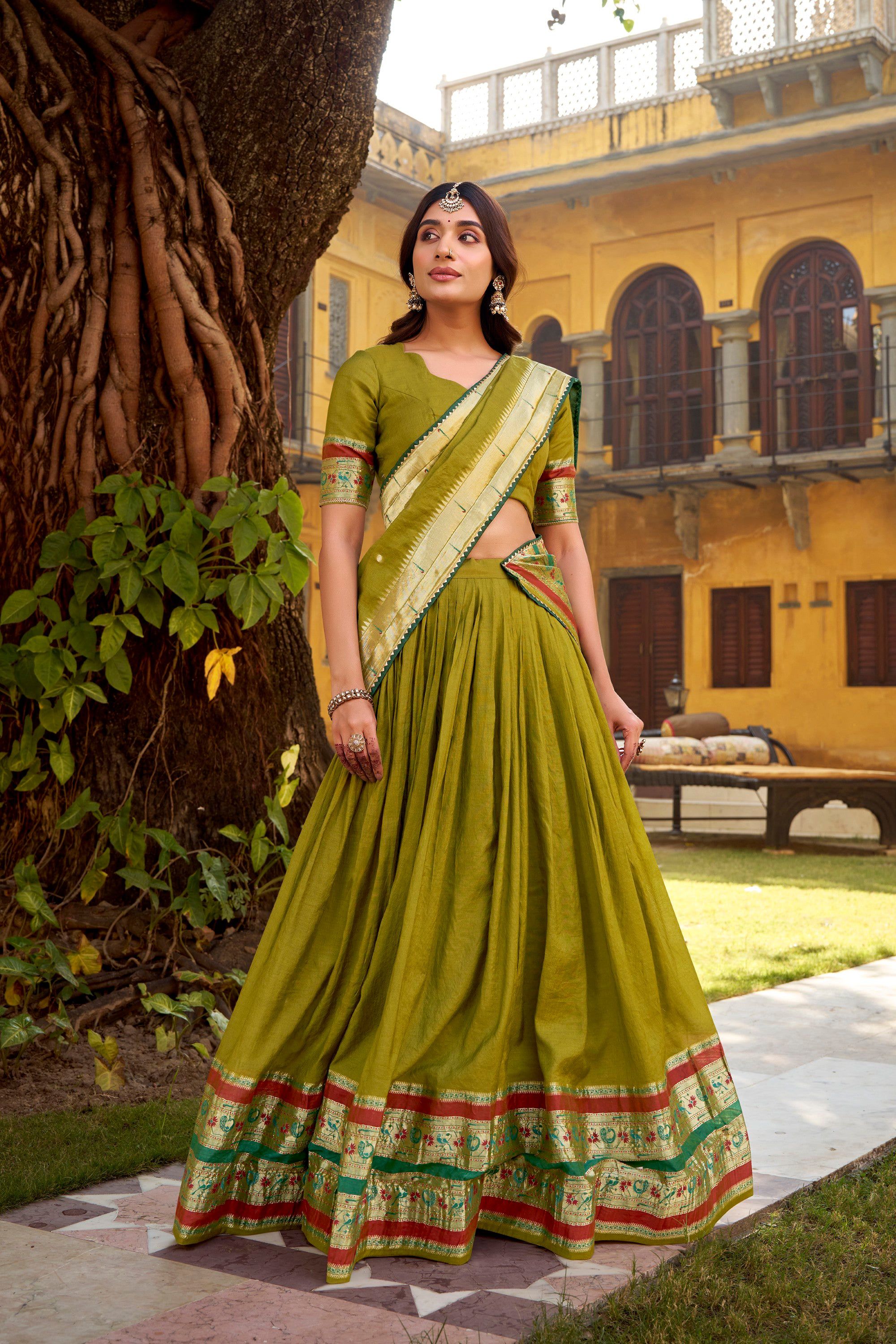 Lorenvalley Fashion Mehendi Pure Chanderi (Naylon) Zari Weaving Work Lehenga Choli with Dupatta