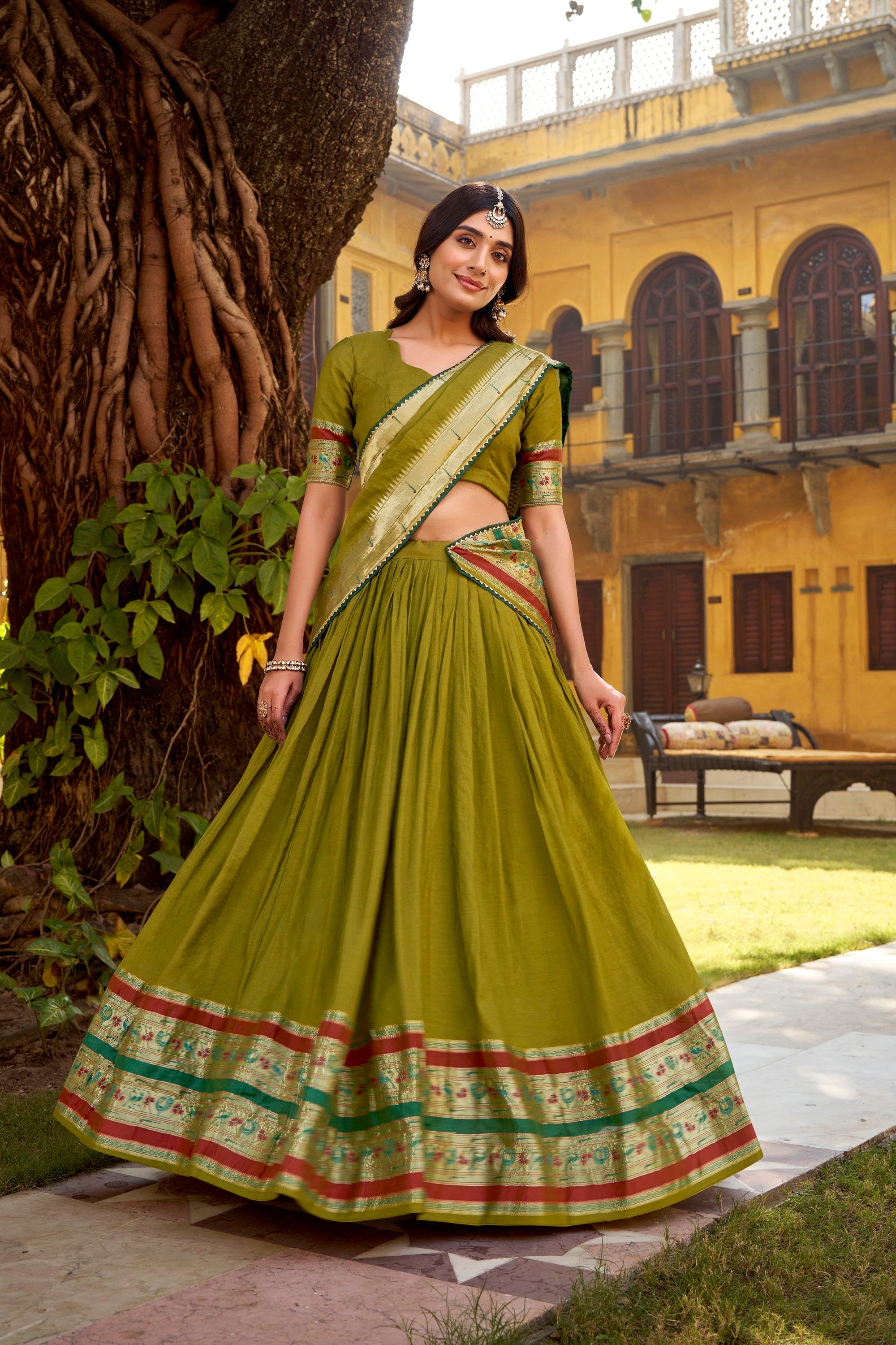 Lorenvalley Fashion Mehendi Pure Chanderi (Naylon) Zari Weaving Work Lehenga Choli with Dupatta