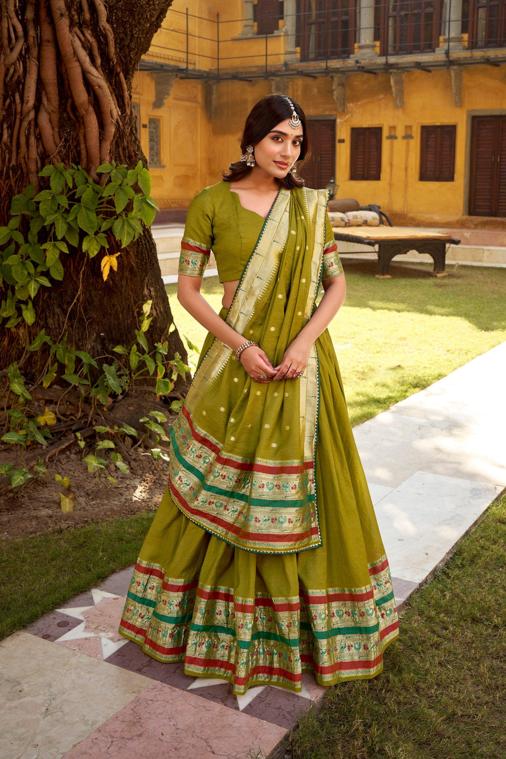 Lorenvalley Fashion Mehendi Pure Chanderi (Naylon) Zari Weaving Work Lehenga Choli with Dupatta
