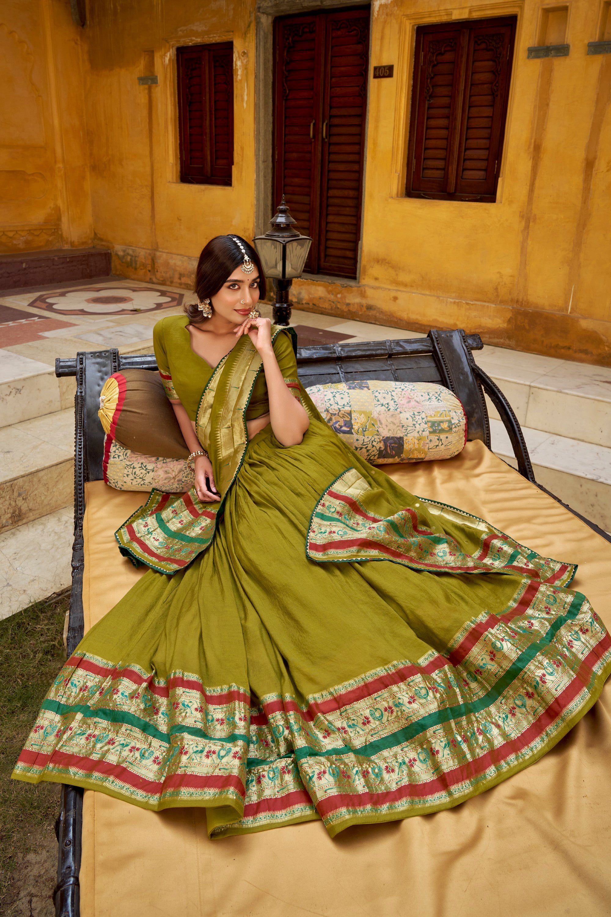 Lorenvalley Fashion Mehendi Pure Chanderi (Naylon) Zari Weaving Work Lehenga Choli with Dupatta