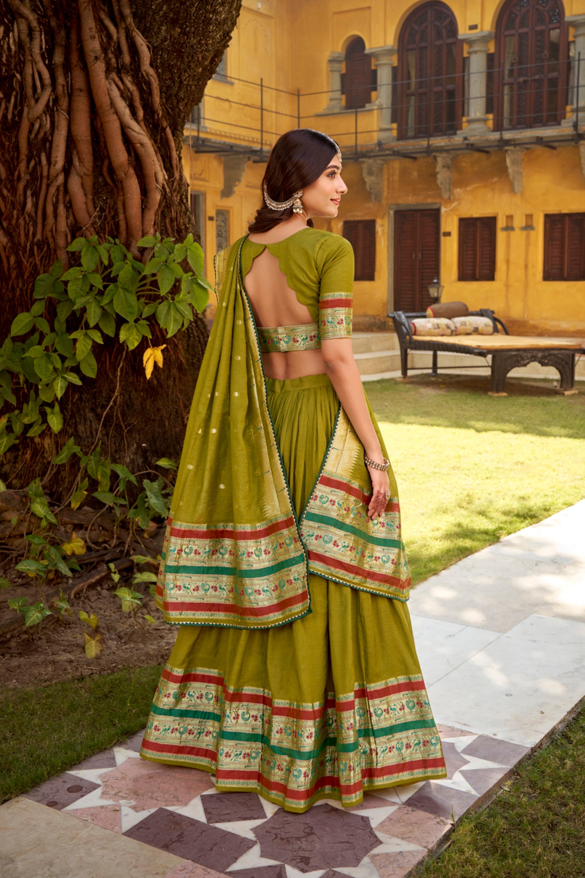 Lorenvalley Fashion Mehendi Pure Chanderi (Naylon) Zari Weaving Work Lehenga Choli with Dupatta