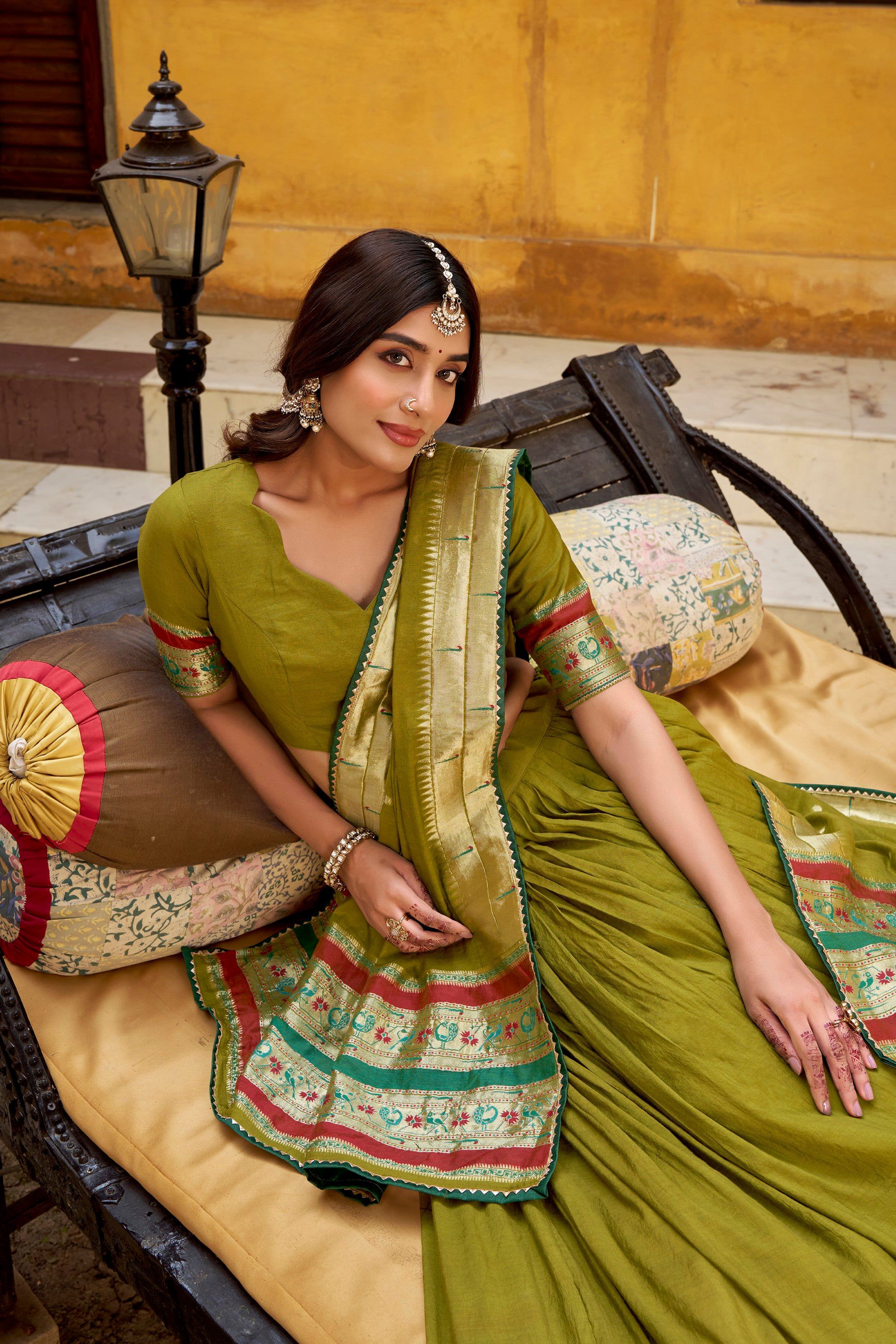 Lorenvalley Fashion Mehendi Pure Chanderi (Naylon) Zari Weaving Work Lehenga Choli with Dupatta