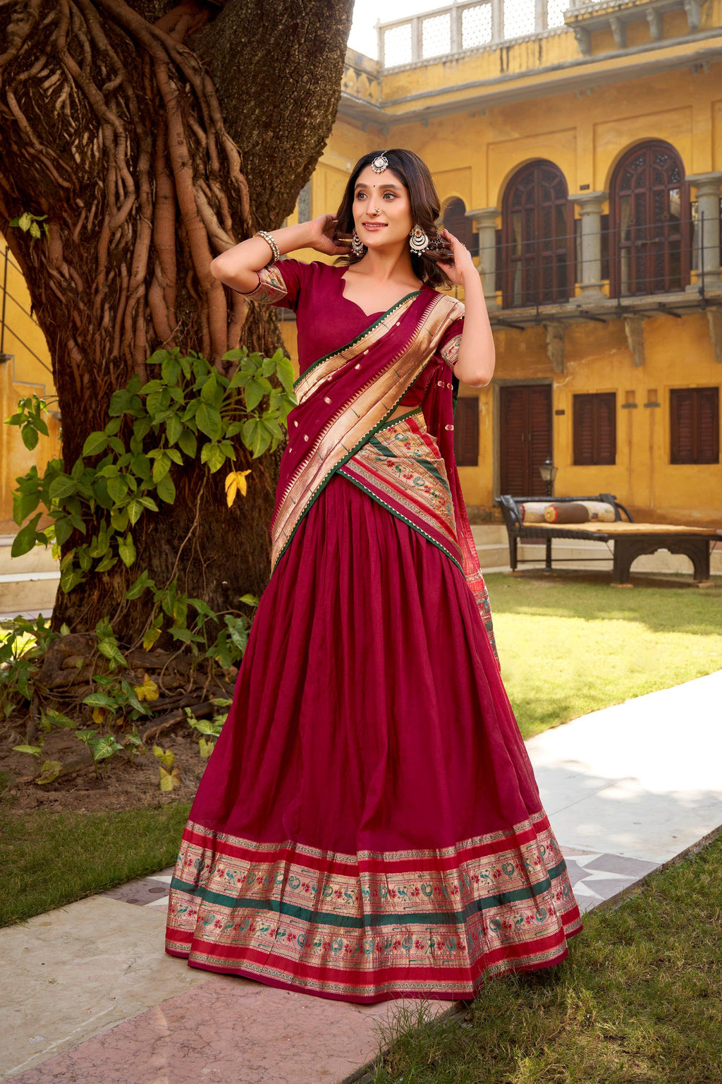 Lorenvalley Fashion Maroon Pure Chanderi (Naylon) Zari Weaving Work Lehenga Choli with Dupatta