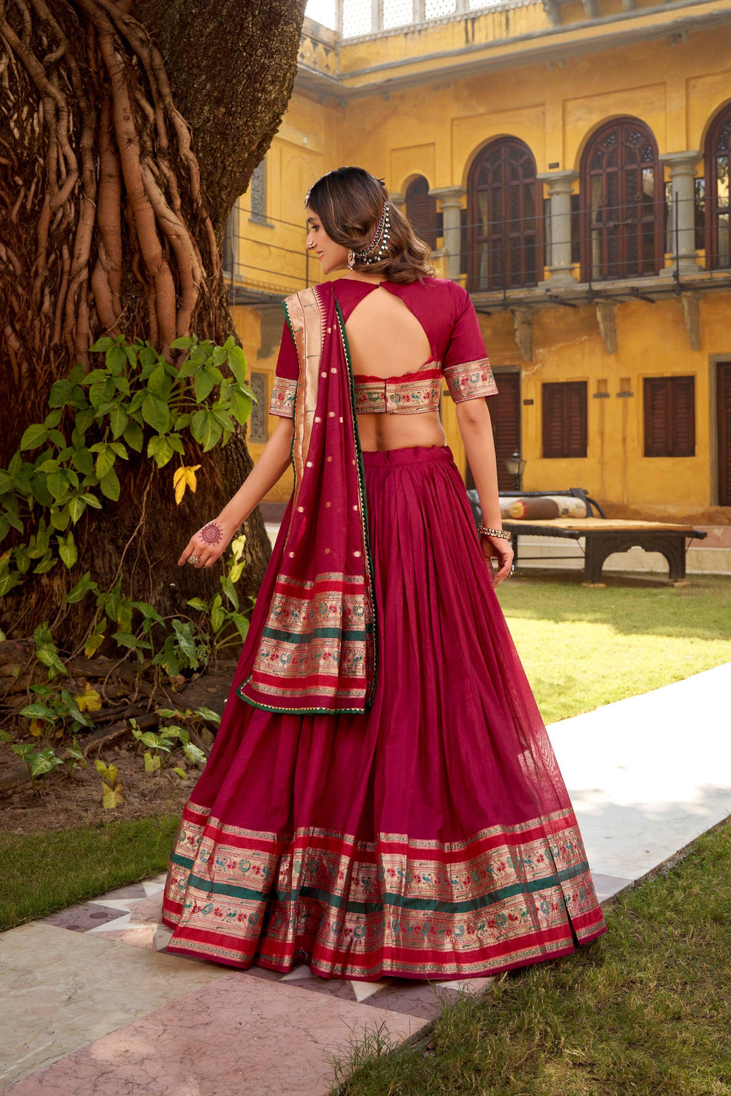 Lorenvalley Fashion Maroon Pure Chanderi (Naylon) Zari Weaving Work Lehenga Choli with Dupatta
