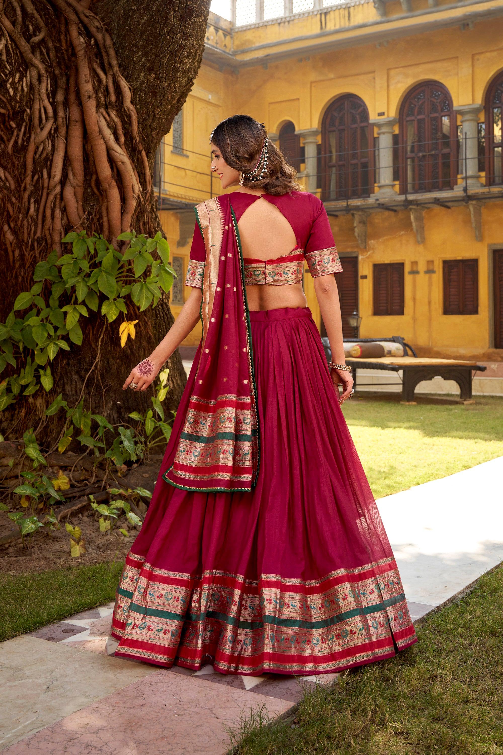 Lorenvalley Fashion Maroon Pure Chanderi (Naylon) Zari Weaving Work Lehenga Choli with Dupatta