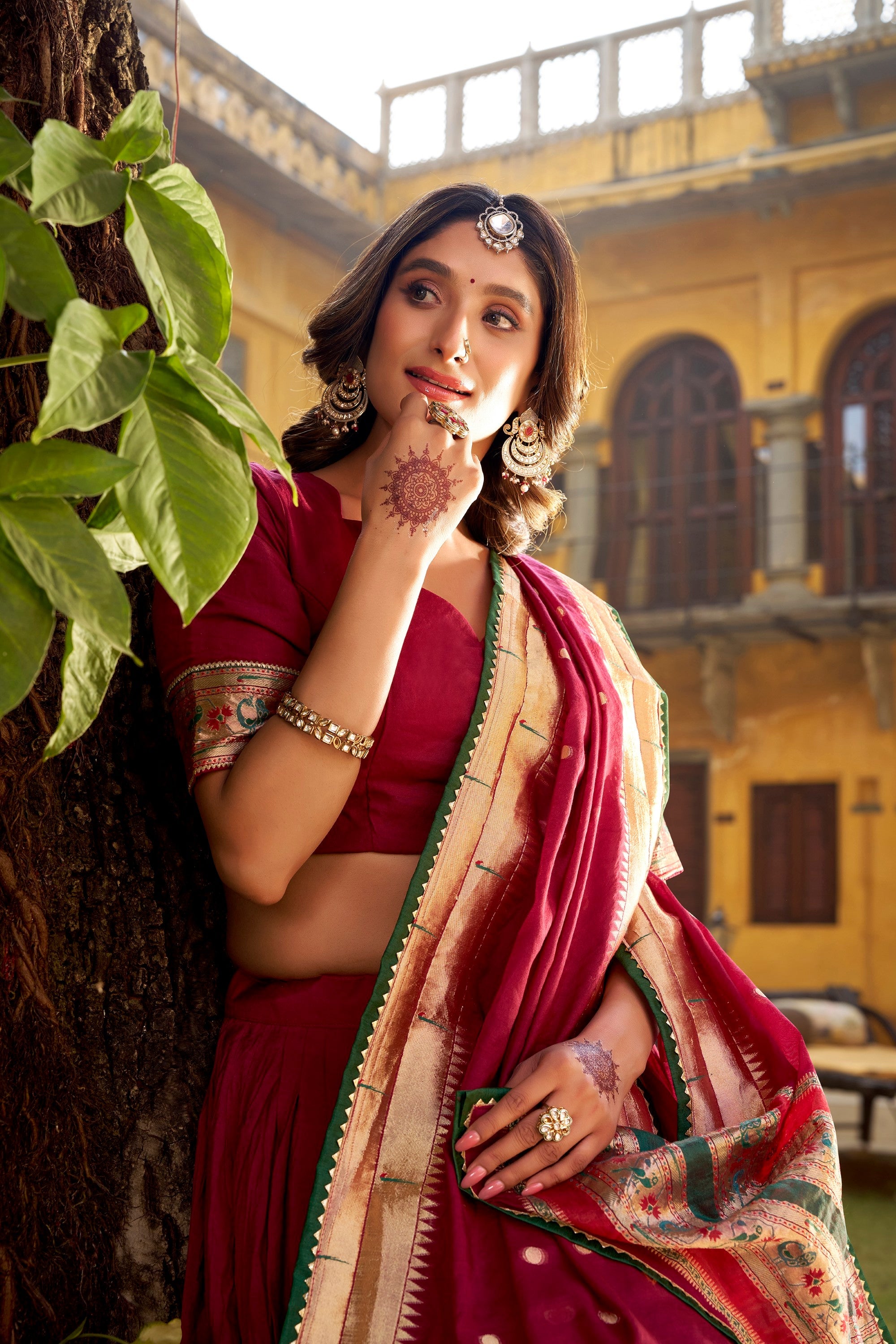 Lorenvalley Fashion Maroon Pure Chanderi (Naylon) Zari Weaving Work Lehenga Choli with Dupatta